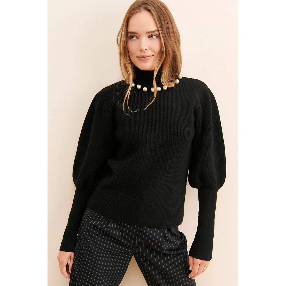 Elliatt Ruth Turtleneck Knit Pearl Neck Puff Sleeve SweaternBlack Small